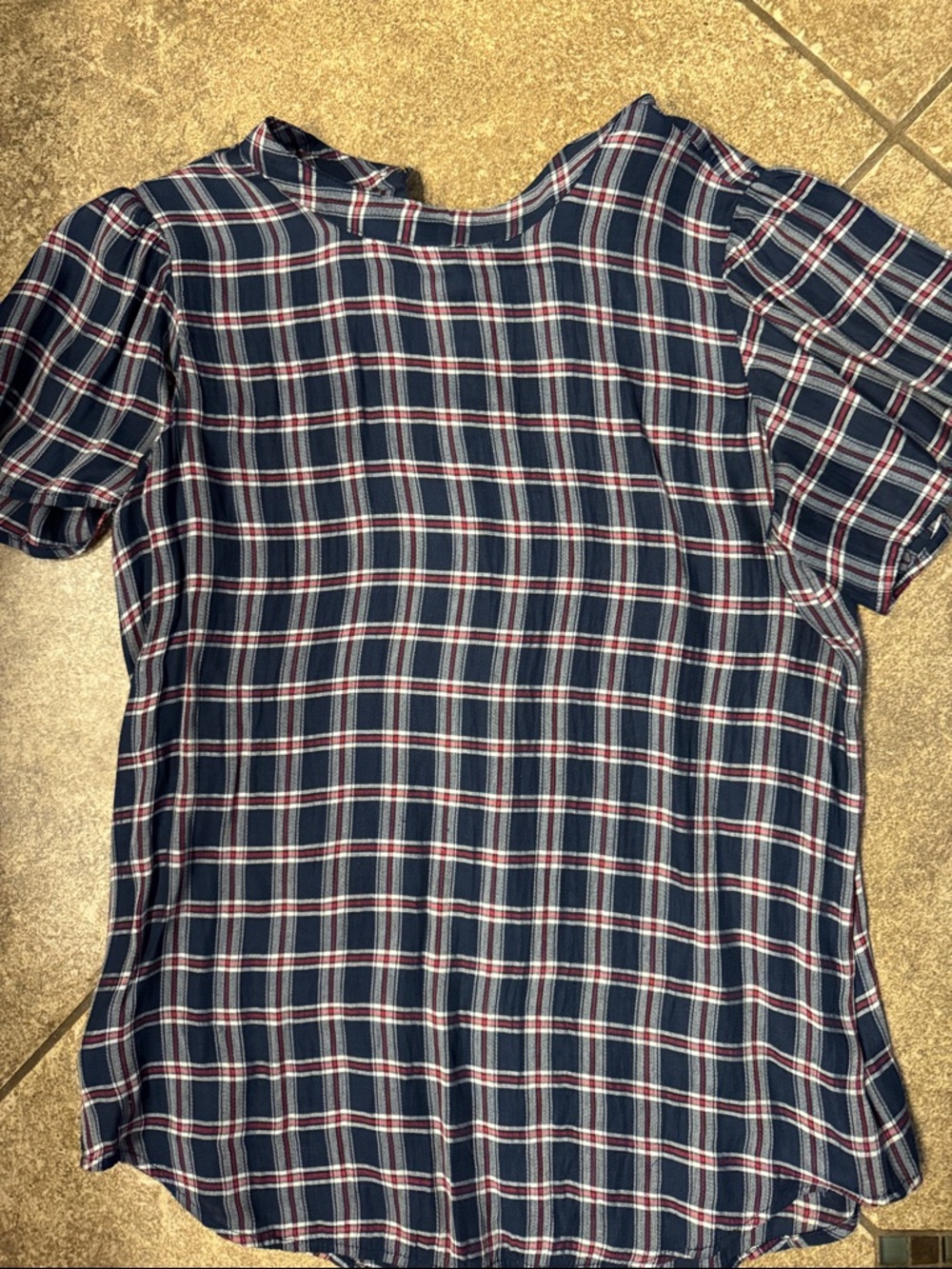 LOFT Navy Plaid Short Sleeve Blouse with Red and White Trim